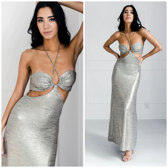 Significant Other Dresses & Skirts - NEW Significant Other Maxi Dress Womens 10 Cut Out Halter Metallic Gown Chloe